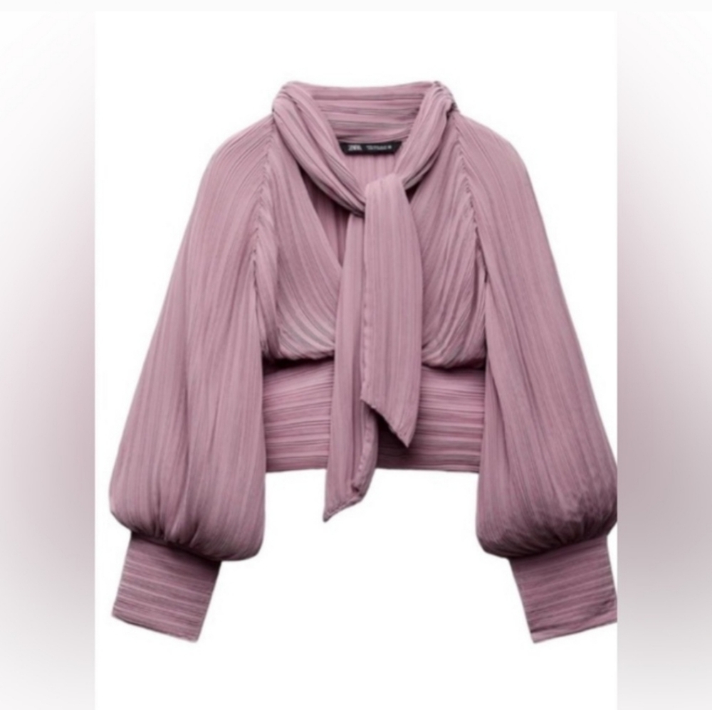 NEW ZARA Stylish Mauve Cropped Blouse with Scarf Tie-Size Large